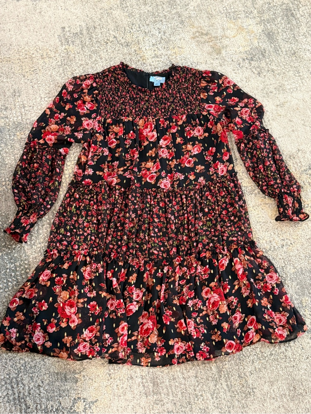 CeCe Black Floral Long-Sleeve Smocked Tiered Dress with Red & Pink Roses